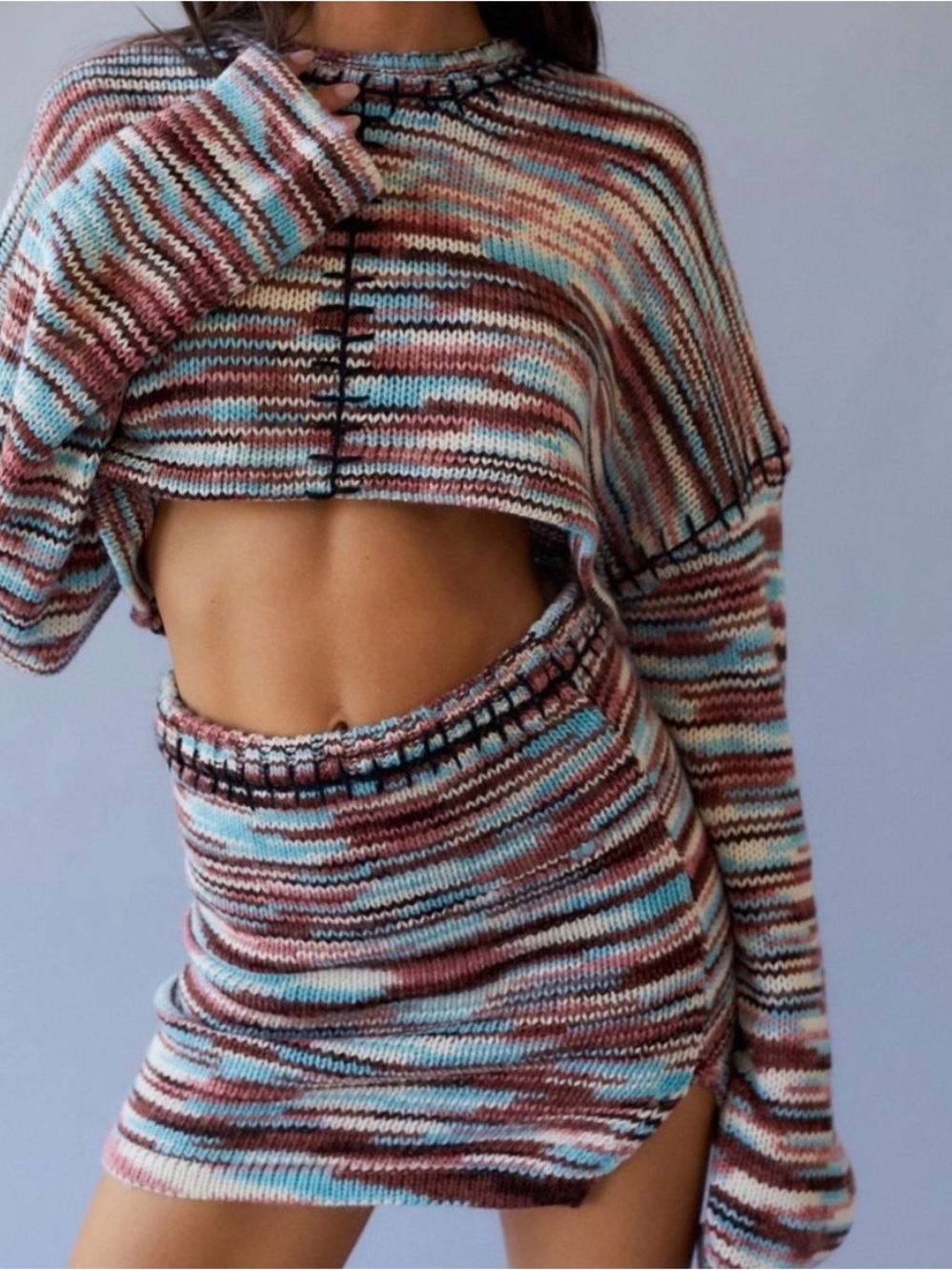 The Ragged Priest Striped Knit Crop Top in Brown, Cream & Light Blue